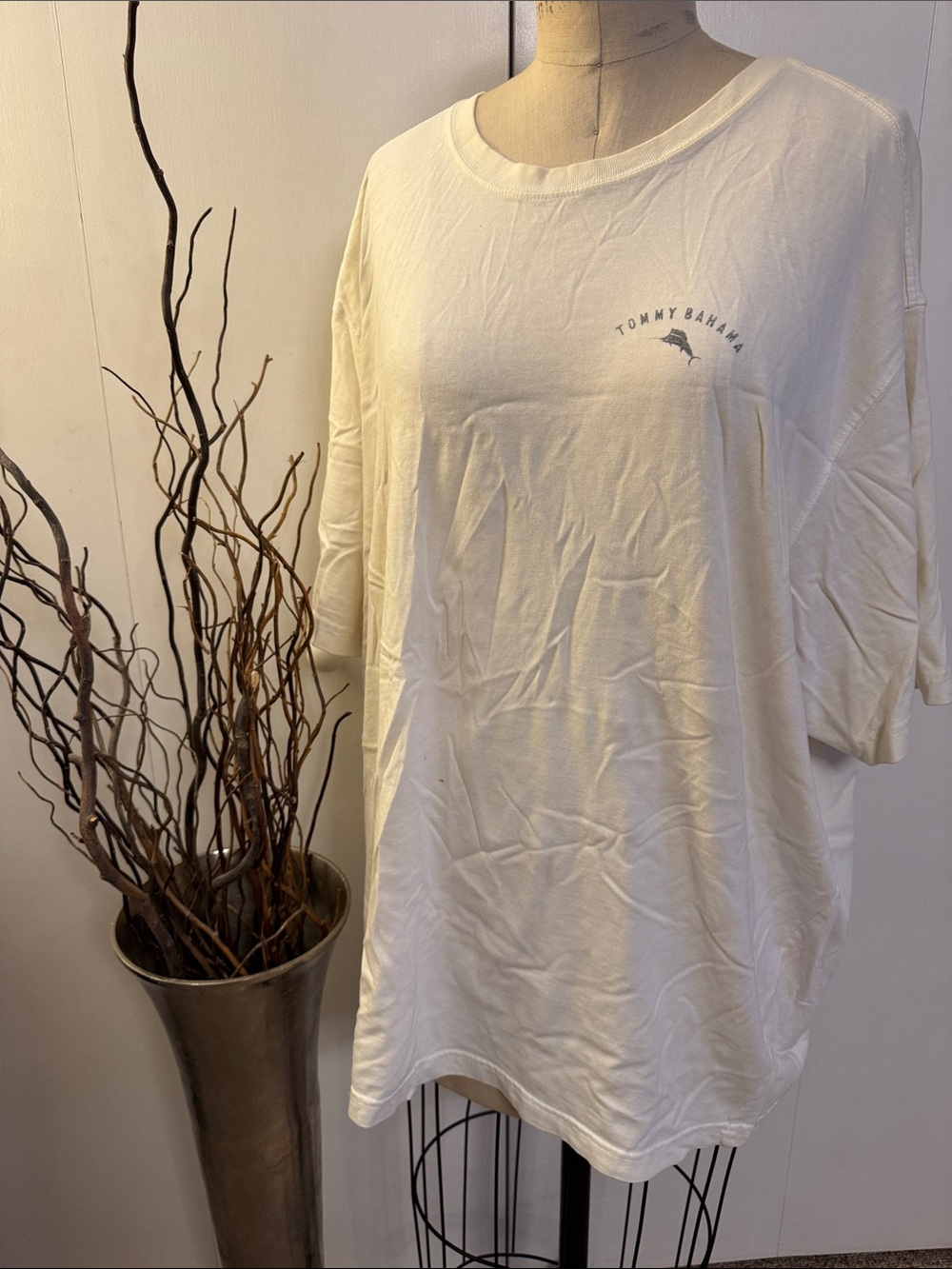 Tommy Bahama Cream Short Sleeve Logo Tee with “Swim Team” design